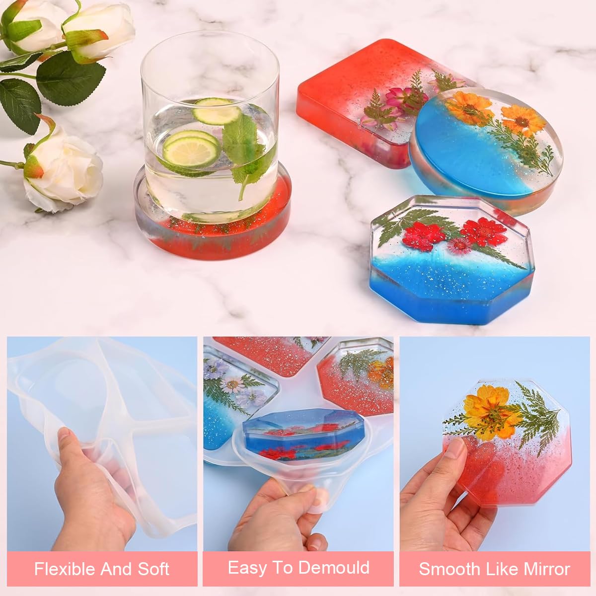 HASTHIP Coaster Molds for Epoxy Resin with 6 Cavities featuring Geometric Shapes | Silicone DIY Craft Kit