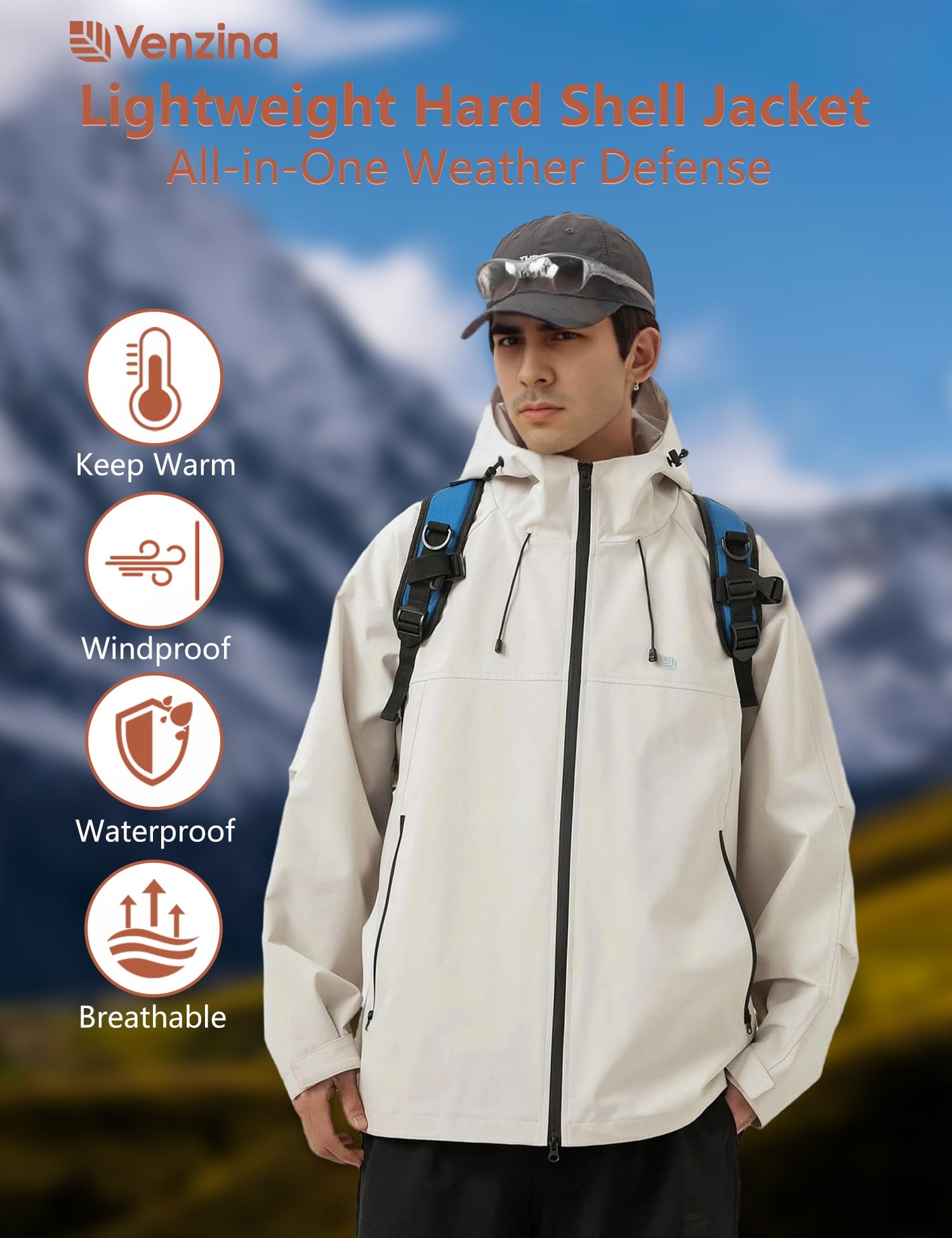 Venzina Men's Waterproof Windbreaker Jacket for Hiking and Cycling with 75D Fabric | Light Khaki