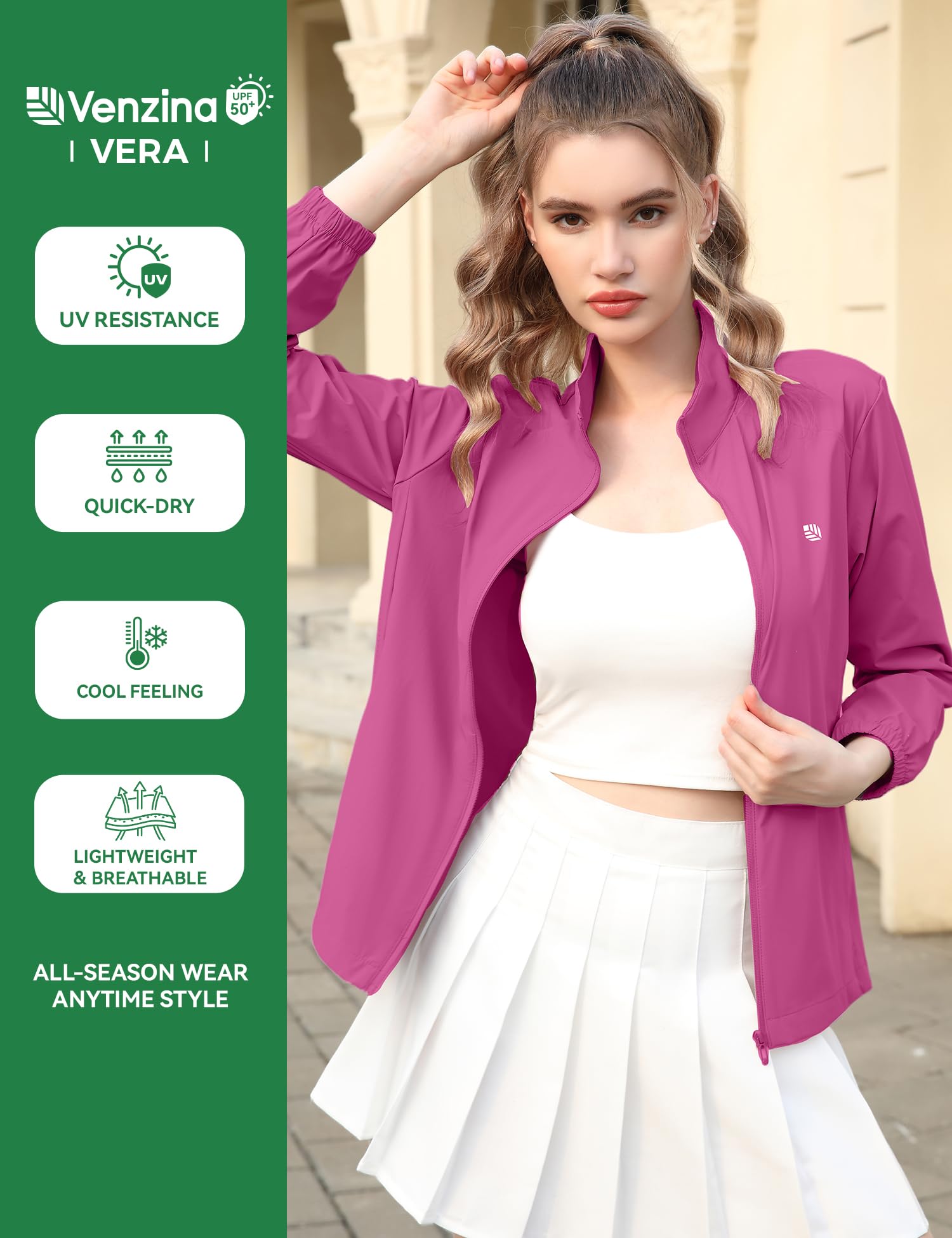 Venzina Women's UPF 50+ Sun Shirt for Hiking and Travel with 4-Way Stretch Mesh | Rose Red