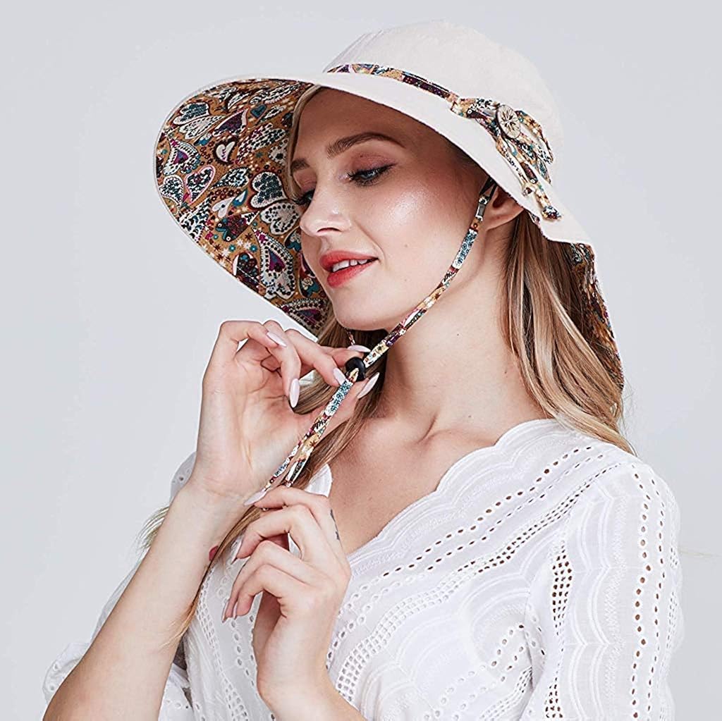PALAY® Women Cotton Sun Hat Both Sides Wear UPF 50 Garden Beach Foldable Wide Brim Caps Beige 22.8 Inches 3PCS