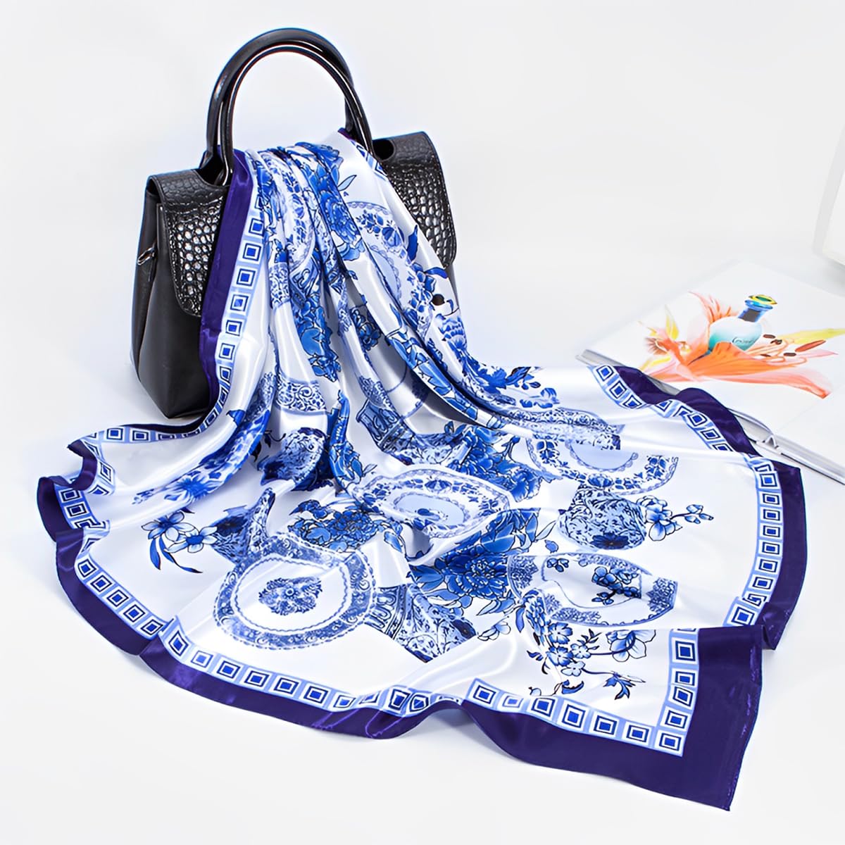SANNIDHI Silk Scarf for Women 35x35 in featuring Blue Floral Print and Soft Satin Fabric | Versatile Neck Hair and Bag Accessory