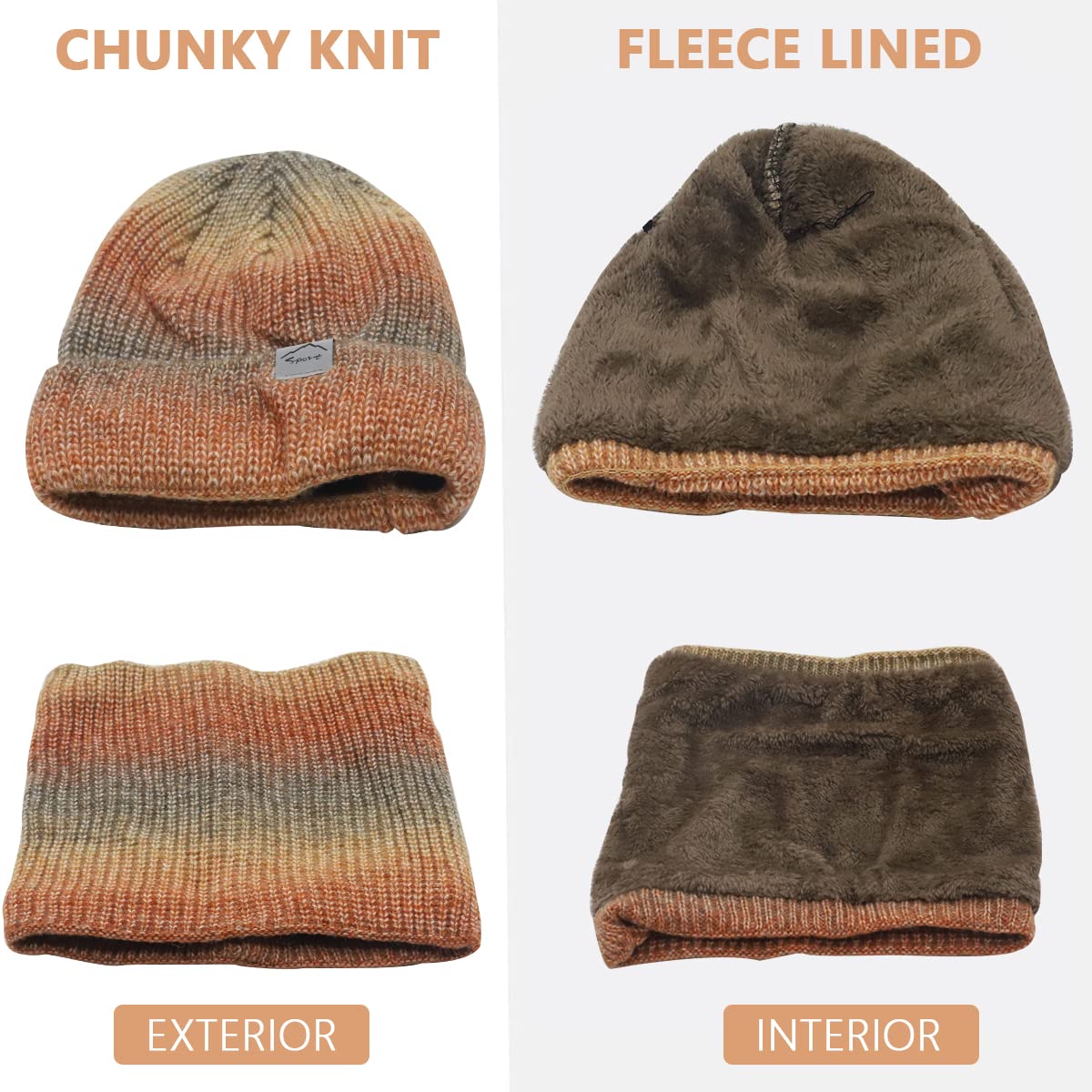 PALAY Winter Cap for Women with Scarf Set for Cold Weather featuring Fleece Lining and Gradient Design | Orange Knitted Acrylic Beanie 25×22cm