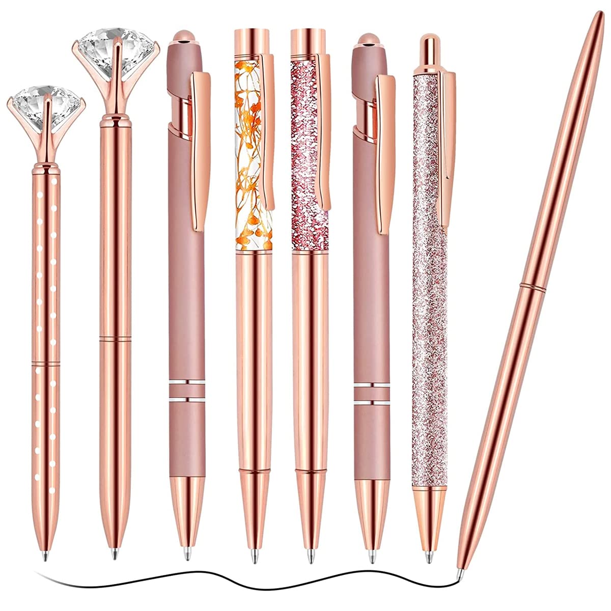 Climberty® 8 Pcs Rose Gold Ballpoint Pen Set, Metal Crystal Diamond Pen, Sand Glitter Pen for Journaling, Black Ink Crystal Glitter Fancy Pens Gifts for Women School Wedding Office Supplies