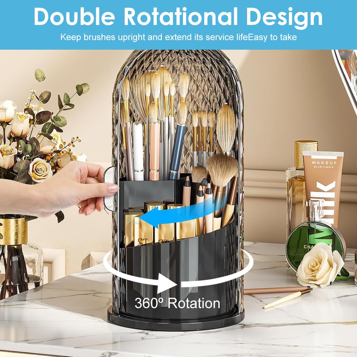MAYCREATE Makeup Brush Holder for Vanity and Bathroom with 360 Rotating Base | 12.3×27 cm Clear Black Organizer