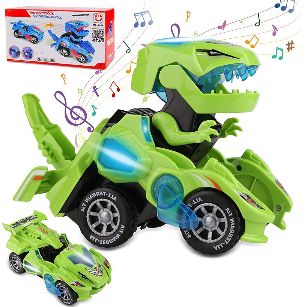 Qpets Dinosaur Car Toy with Sound and Light for Kids featuring Auto Transform | Green