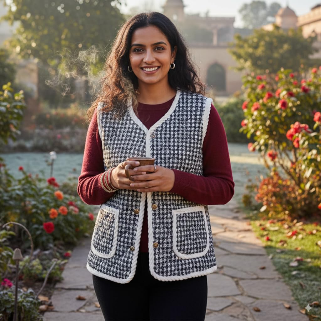 SANNIDHI Women’s Fleece Vest for Winter Layering with Button Front and Houndstooth Print