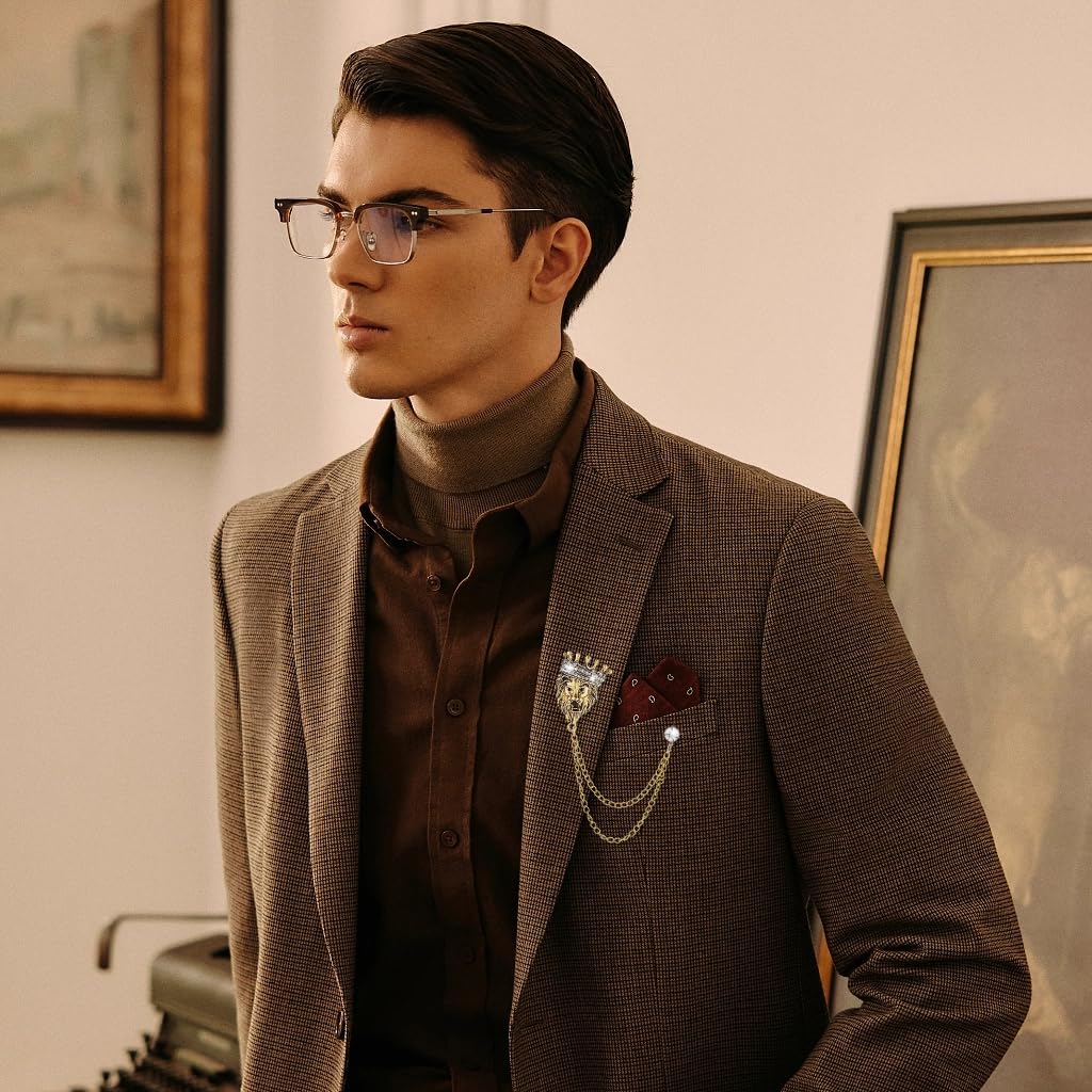 SANNIDHI Men's Vintage Crown Lion Brooch for Suits with Tassel and Rhinestone Embellishment