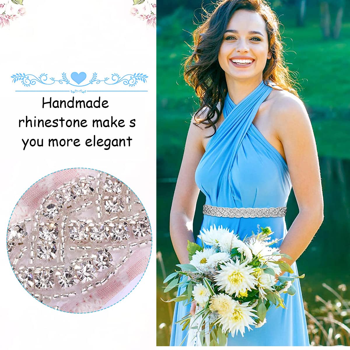 PALAY Women's Dress Belt for Wedding and Formal Gowns with 43×2.5cm Rhinestone Applique | Handmade Ribbon Sash for Bridal Party Dresses