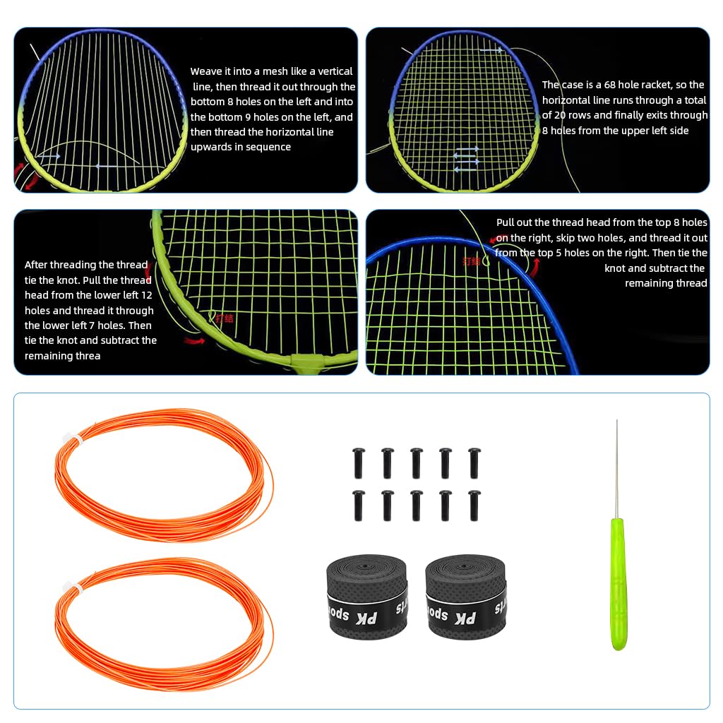 Proberos Badminton Racket Strings Set for 2 Rackets with 0.78mm Nylon Fiber 10m Rolls | Includes Stringing Tools