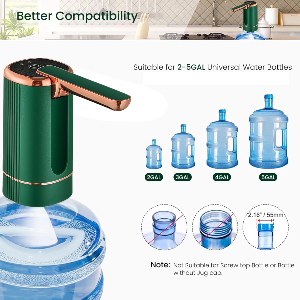 Automatic Water Dispenser Pump for 2–5 Gallon Bottles with 1200mAh USB Rechargeable Battery | Foldable Hygienic Design and Food Grade Silicone Hose
