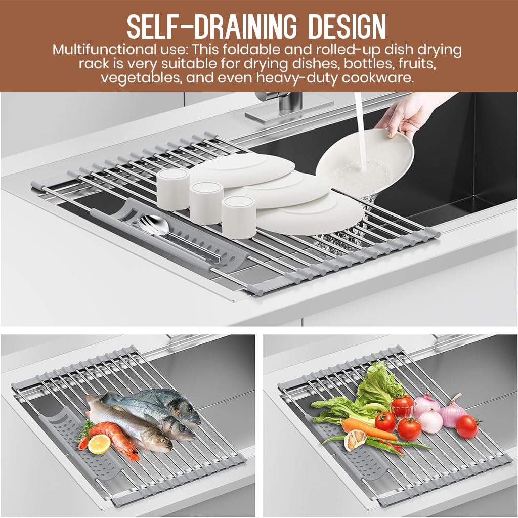 Supvox Utensils Drying Rack for Over Sink Use with Anti Slip Silicone Feet 47x33cm | Stainless Steel Roll Up Design