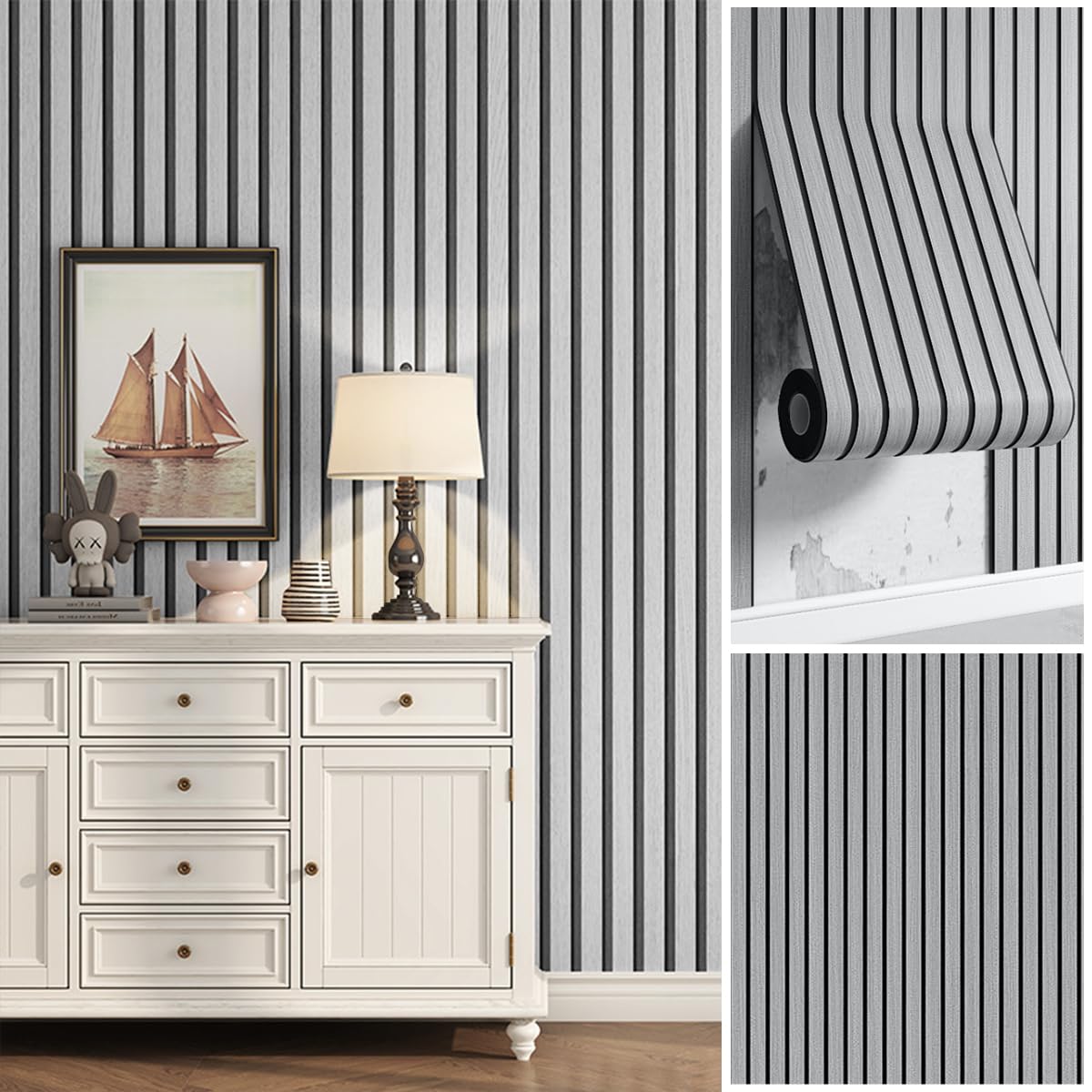 HASTHIP Wallpaper for Living Room and Bathroom with Self Adhesive 3D Slat Pattern 16x118 in Black and Grey PVC