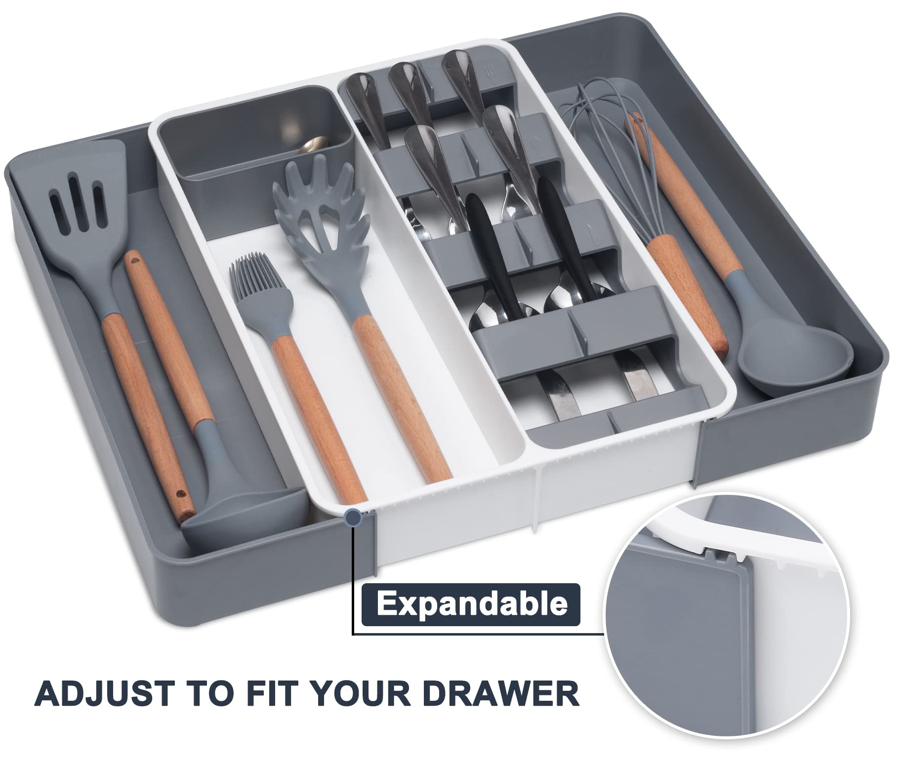ELEPHANTBOAT Utensil Organizer for Kitchen Drawer with Expandable 49 cm Space | PP Plastic Cutlery Tray 39.5 × 28 × 5.5 cm