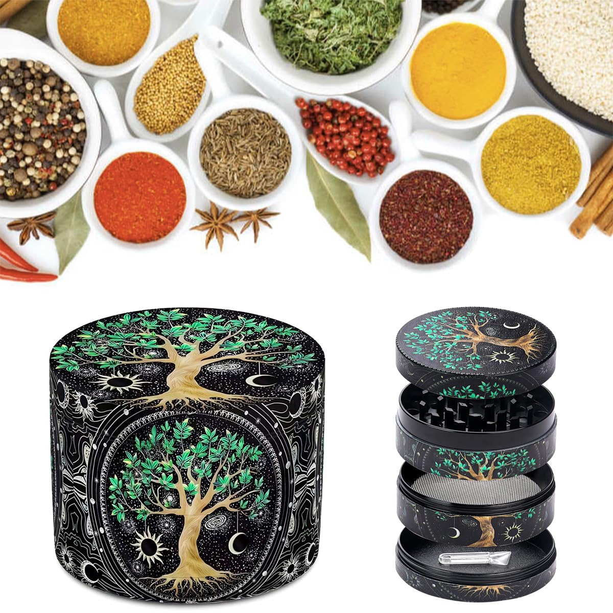 Supvox® Tree of Life Herb Storage Grinder Zinc Alloy Spice Mill with Precision Teeth, 4-Layer Design, Aesthetic Kitchen Tool for Herbs & Spices