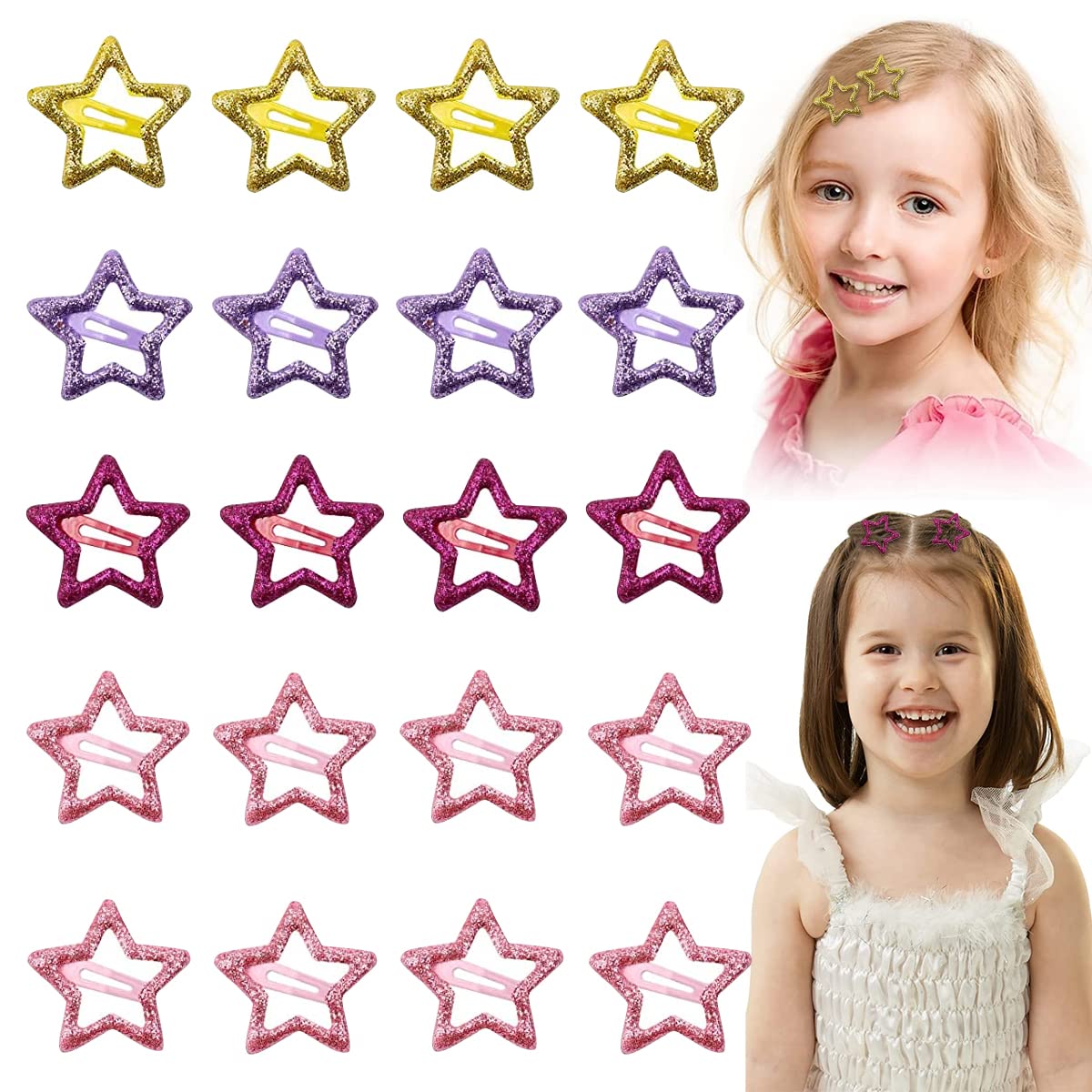 PALAY® Snap Hair Clips for Girls Kids, 20Pcs Shining Stars Metal Hair Barrettes Non-slip Colorful Cute Hair Accessories for Toddlers Teen Girls