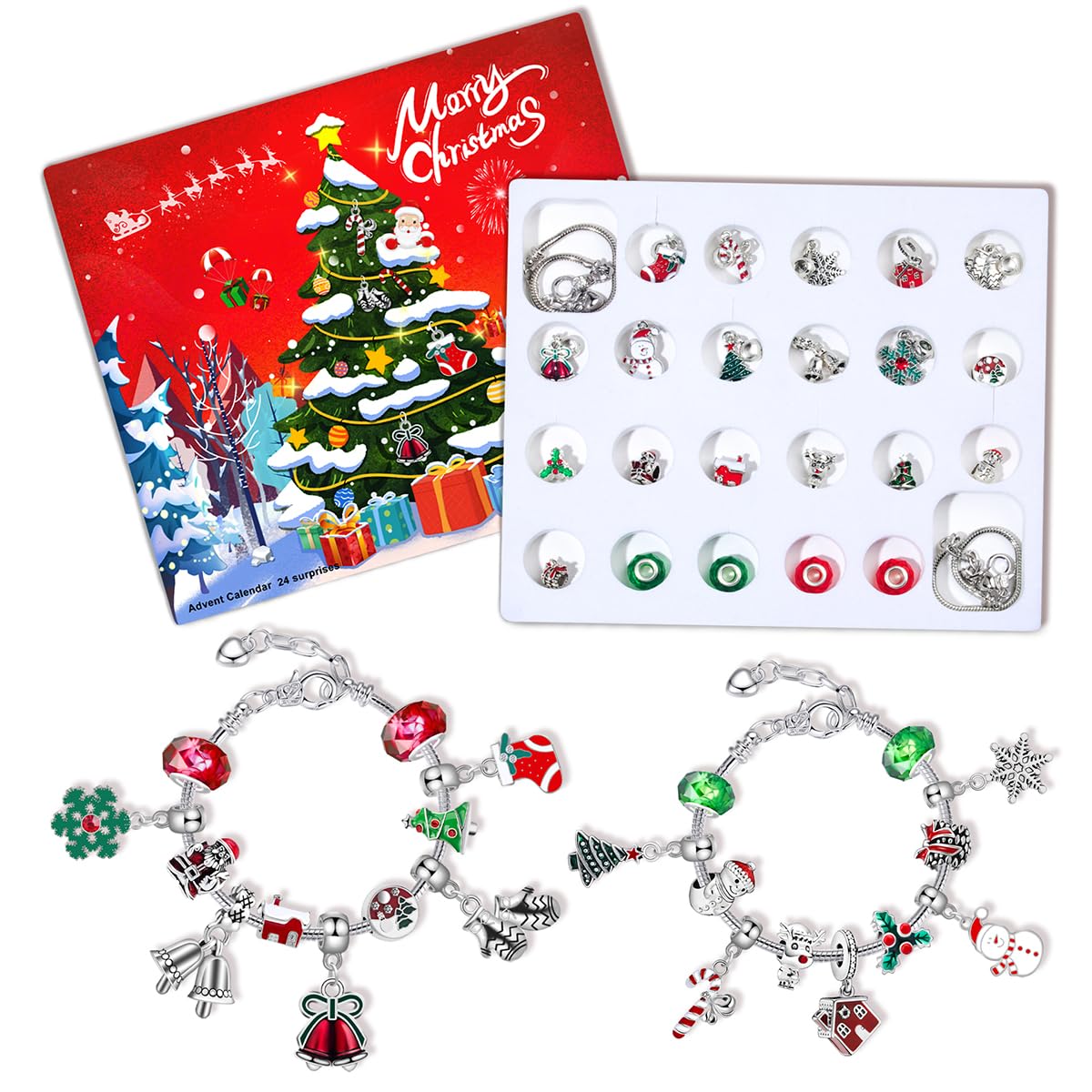 SANNIDHI Christmas Advent Calendar for Girls with 24 Grids and DIY Charm Bracelet Kit | Silvercolor Xmas Gift