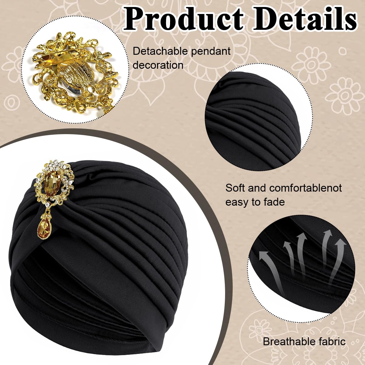 PALAY Turban Cap for Women with Alloy Crystal Tassel and 58cm Stretch Fit | Black Cozy Fabric for Wedding and Church