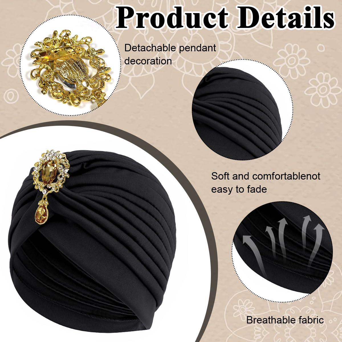 PALAY® Turban Cap for Women Skull Headwrap Alloy Crystal Tassel Hair Turban for Women Cozy Fabric Soft Head Cover Black Headwear for Wedding, Festival, Church