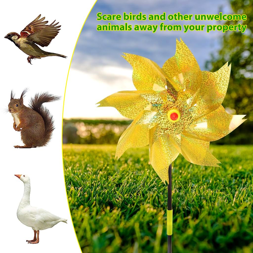 Optifit Reflective Pinwheel Garden Set for Bird Deterrence with Glittering Golden PET Blades 21 in | Decorative Lawn and Flower Bed Spinner