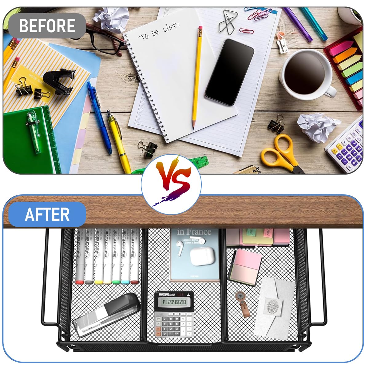 Zibuyu Under Desk Organizer for Office with Screw-Fixed Mesh Drawers 14.3 x 9.5 x 3.3 in | Space-Saving Storage Unit