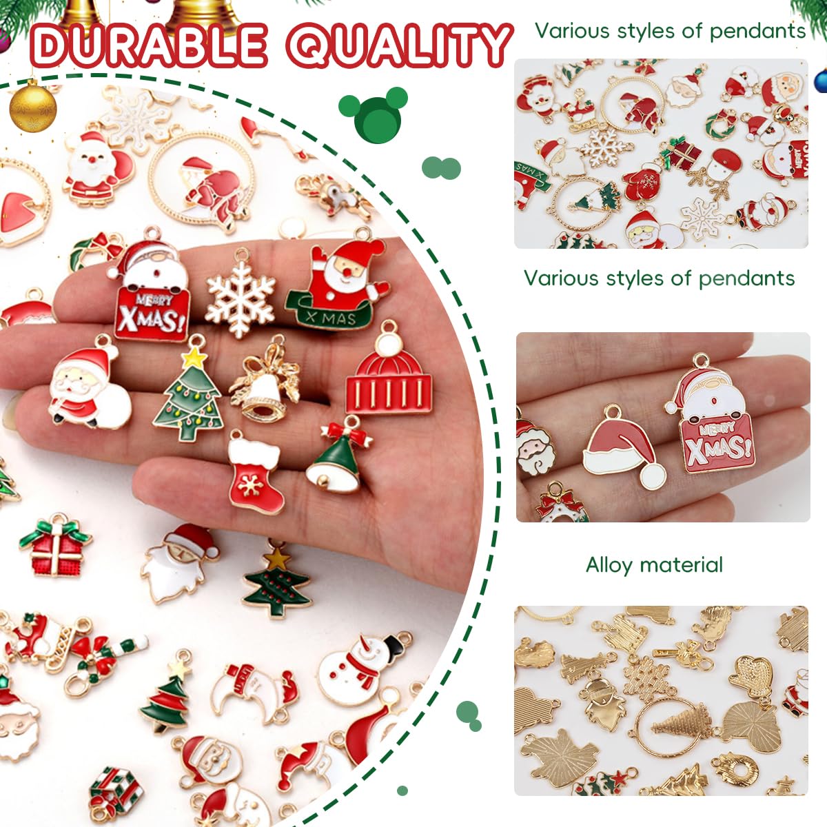 SANNIDHI Christmas Charms for Jewelry Making Kit featuring 50pcs Gold Plated Enamel | DIY Craft and Gift Set