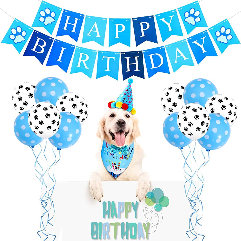 ZIBUYU Dog Birthday Supplies for Pets with 10 Balloons and 5 m Ribbon | Blue Theme Set