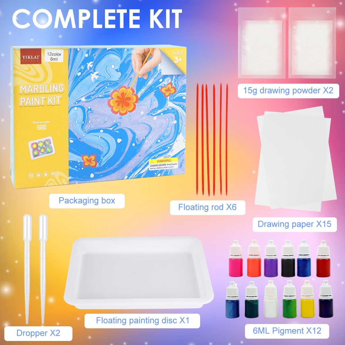 HASTHIP Paper Marbling Art Painting Kit for Kids and Adults with 12 Colors Pigments | Beginner-Friendly Creative Gift