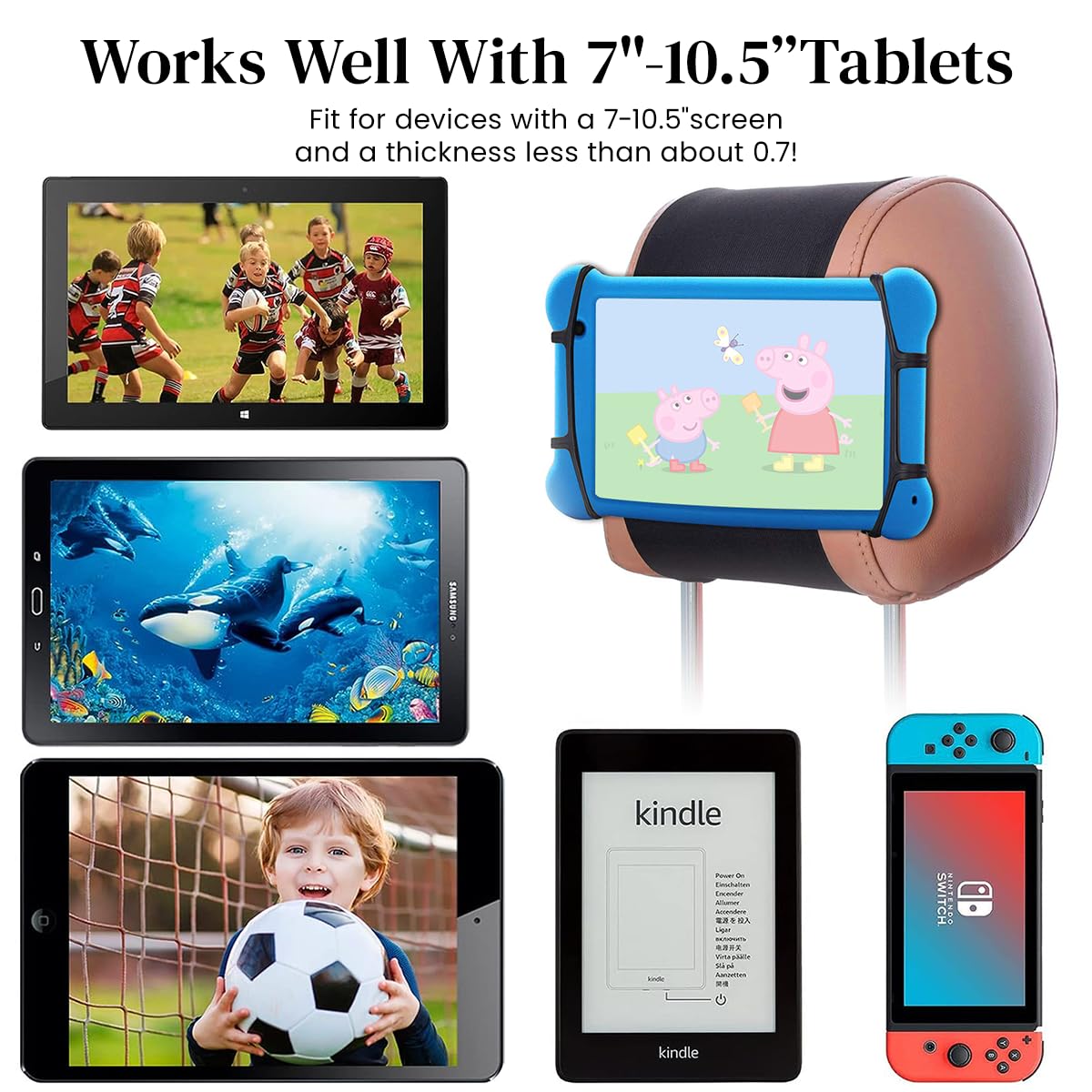 STHIRA Car Tablet Holder for Backseat with Adjustable Silicone Strap and Hoop & Loop Closure | Fits 7–10.5 inch Tablets