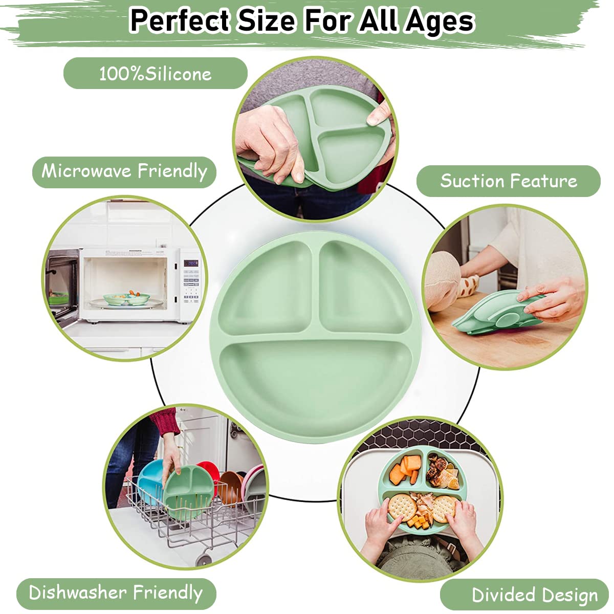 SNOWIE SOFT Baby Suction Plates for Feeding with 4 Strong Cups Silicone Green 2PCS