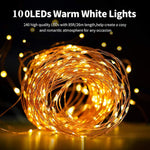 Verilux® String Lights for Home Decoration 100 LED 600mAh Rechargeable Copper String Solar Charging 33 FT String Lights IP65 Waterproof 8 Modes Lights with Battery for Home Garden Patio Yard Warm White