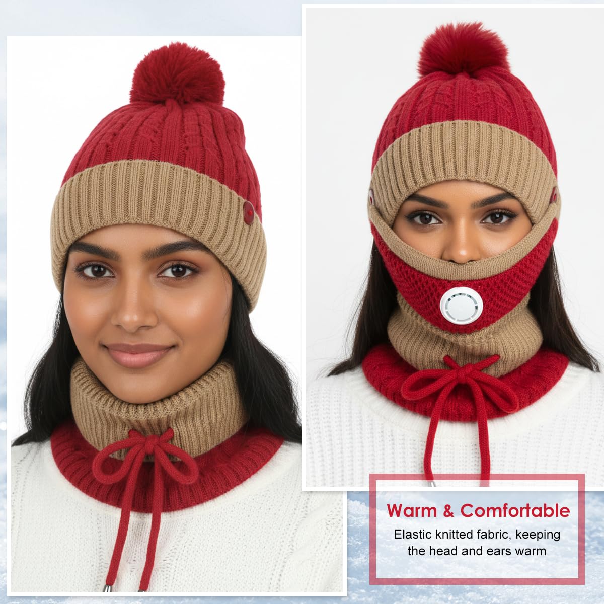 SANNIDHI Winter Cap for Women with Detachable Face Mask and Adjustable Neck Gaiter | Plush Lined Warm Hat in Red and Khaki