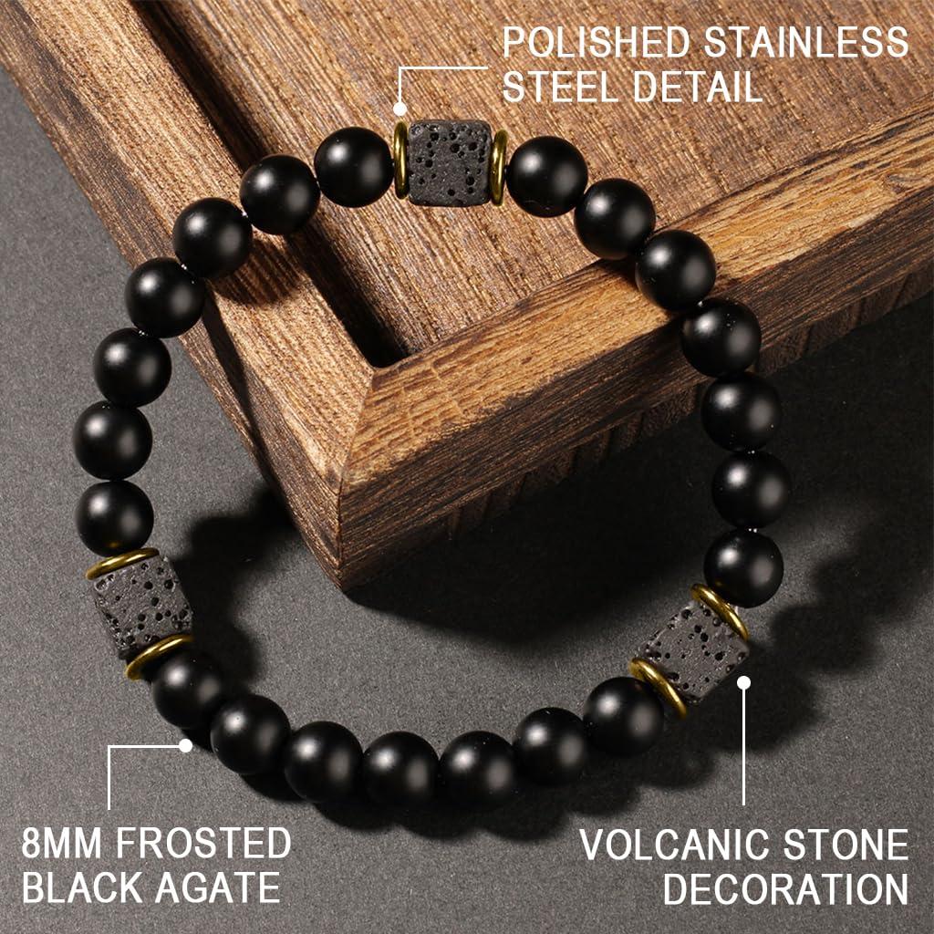 GUSTAVE Black Natural Stone Beaded Bracelet for Everyday Wear with Lava Stone Accents | Stretchy Comfort Fit and Stylish Healing Accessory