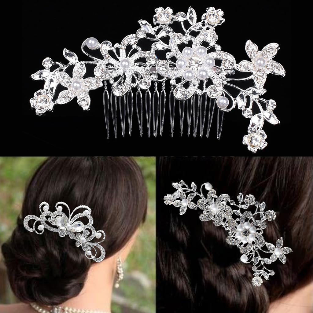 PALAY Bridal Hair Clips for Wedding with Alloy and Rhinestones 11.5×6.2cm | 2 Pcs Set