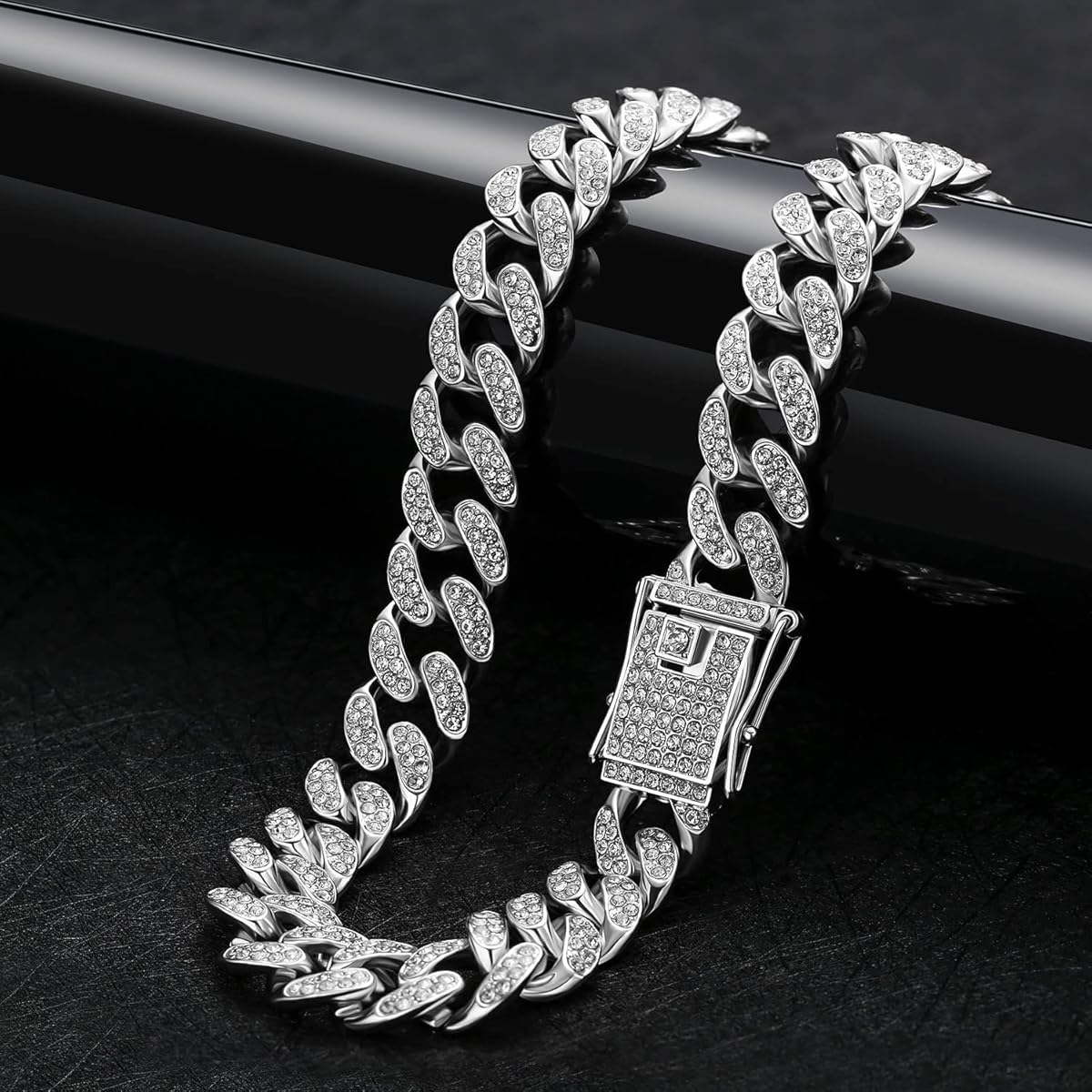 Zibuyu Chain for Men with 13mm Cuban Zircon Links and Platinum Silver Finish | 19.6 inch Necklace
