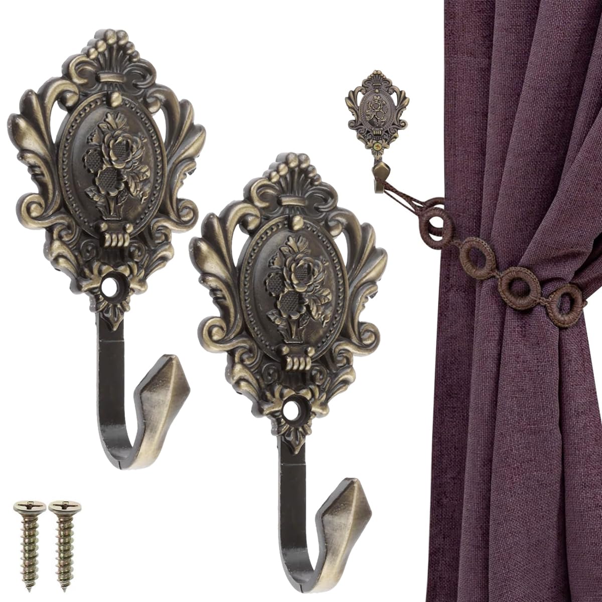 HASTHIP® 2Pcs Vintage Zinc Alloy Wall Hooks, Decorative Carved Design, Multipurpose Hooks, Used to Hang Clothes, Bags, Coats, Curtain Hold Backs and Keys (Antique Cyan)