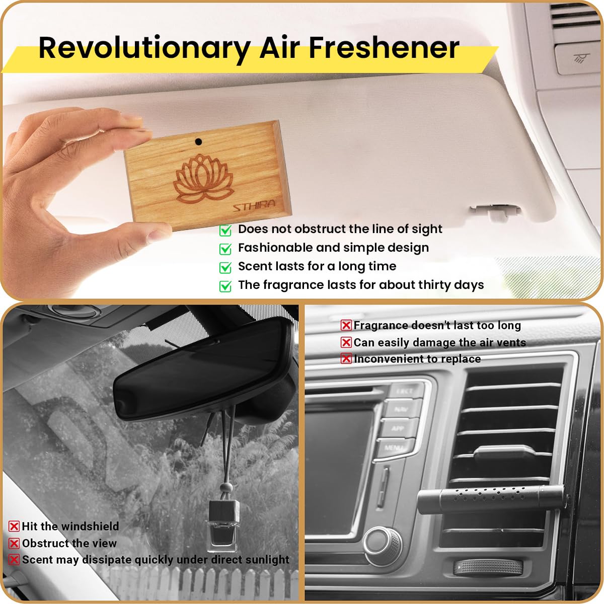 ZIBUYU Wooden Car Air Freshener for Car Vents with Metal Clip 2 Pcs 3×0.7×1 in | Lotus Pattern