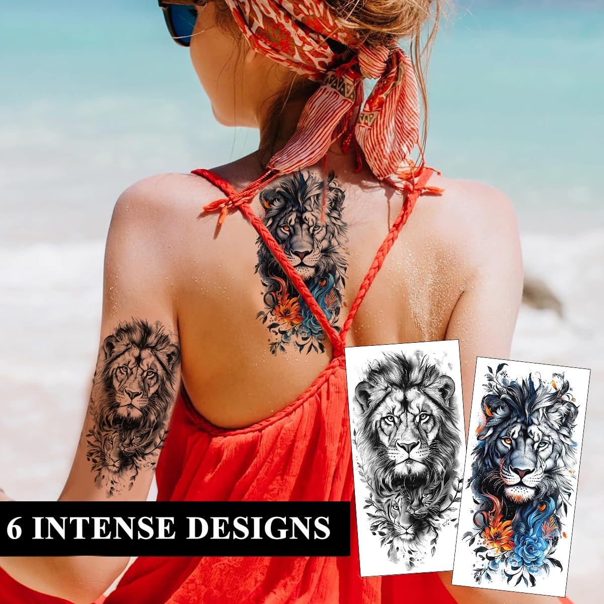 MAYCREATE Temporary Tattoo Sticker Set for Men featuring Tiger and Lion Designs 148x210mm | Waterproof Large Arm Tattoos