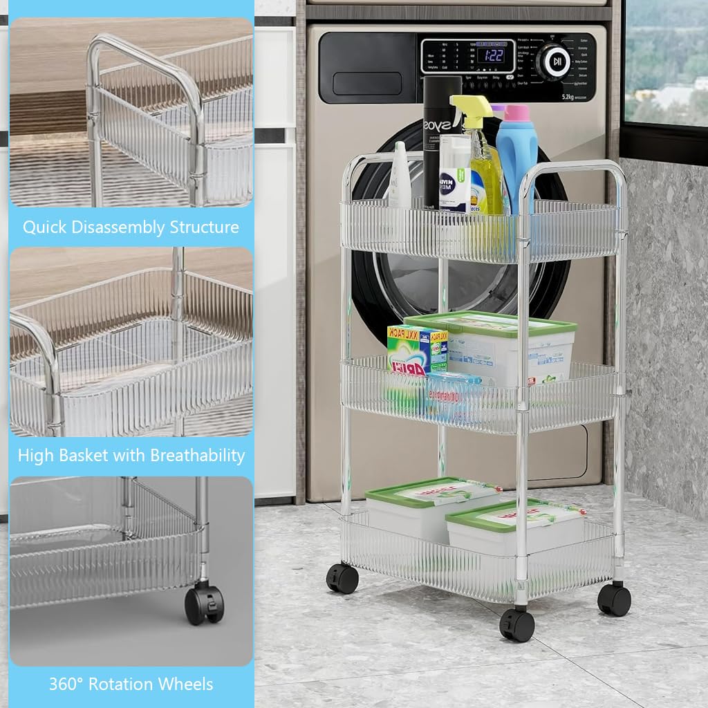 HASTHIP Acrylic 3 Tier Home Organizer for Bathroom and Kitchen with Locking Wheels | Transparent Storage Cart Featuring 36x23cm Baskets