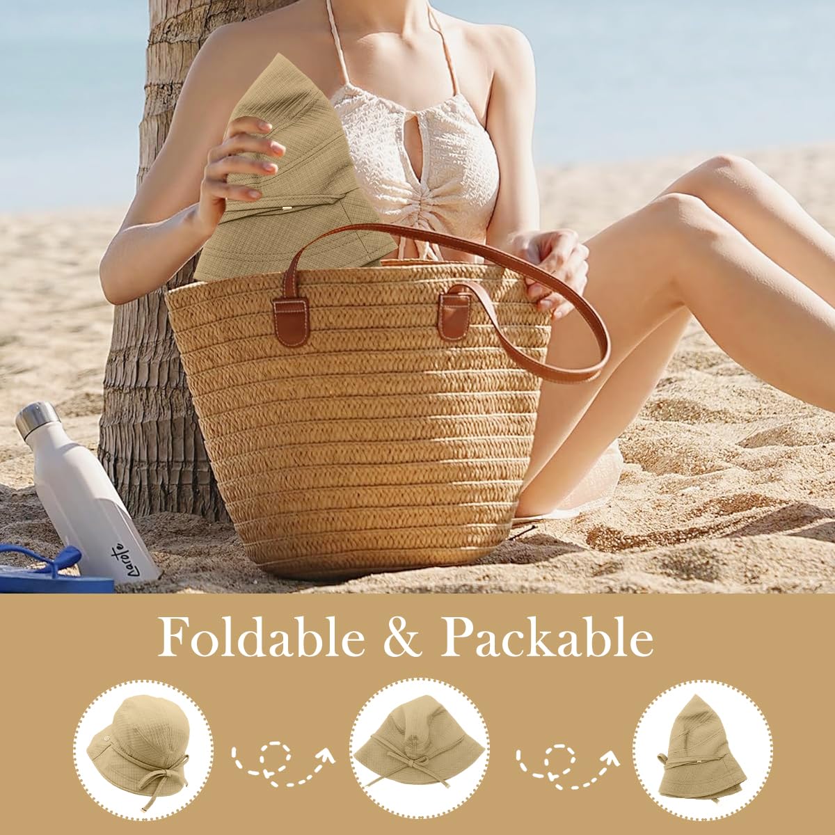 SANNIDHI Bucket Hat for Women featuring Wide Brim Sun Protection and Adjustable Tie‑Back | Khaki Summer Beach Hat with Chin Strap
