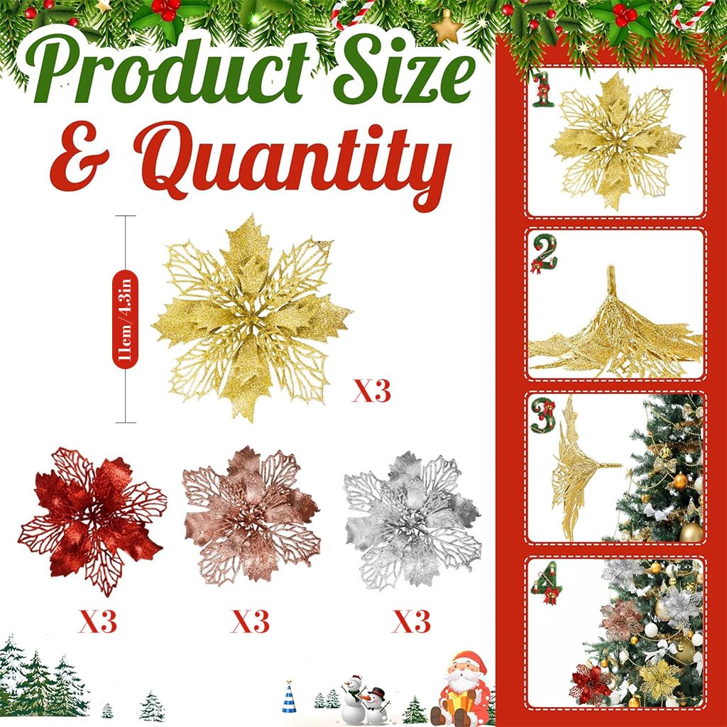HASTHIP Christmas Tree Flower Ornaments for Holiday Decor with 12 Pcs in 4 Colors | DIY Wreaths and Garland