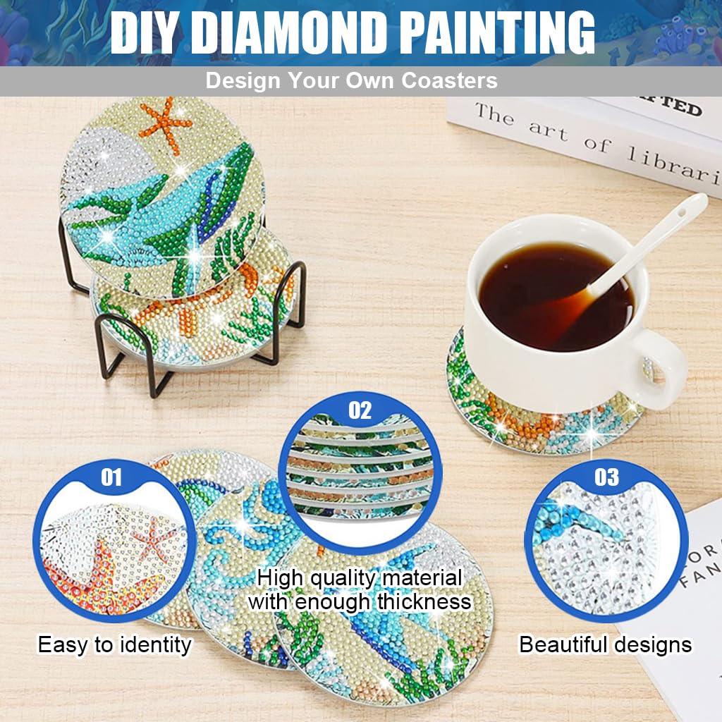 HASTHIP® 8 Pcs Diamond Painting Coasters Kits, Exquisite Diamond Painting Coasters with Holder, DIY Diamond Art Coasters and Crafts for Adults Kids, Style B, acrylic