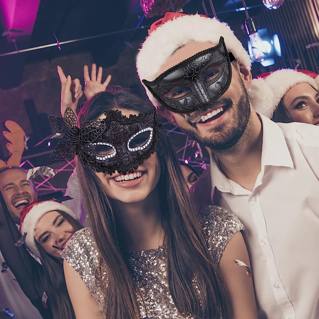 Optifit Masquerade Mask Set for Couples with Structured Half Face Design 17×9 cm | Lace and Black Styles for Party and Halloween