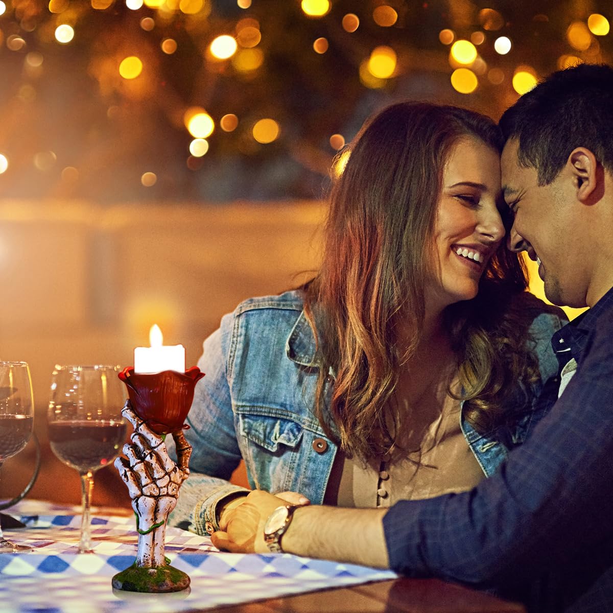 HASTHIP Halloween Candle Holder for Home Decor featuring Skeleton Hand and Rose 7.3x7.2x18.5cm | Gothic Romantic Resin Candle Stand