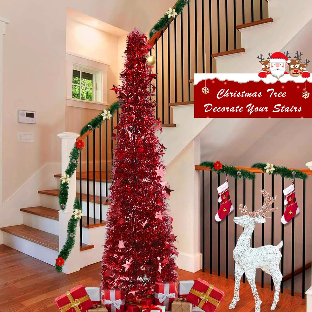 HASTHIP® 1.5m Sparkling Red Christmas Tree Tinsel Garland Red Christmas Tree Festival Party Home Decor DIY Assembly Red Christmas Tree for Living Room, Balcony, Entryway, Garden