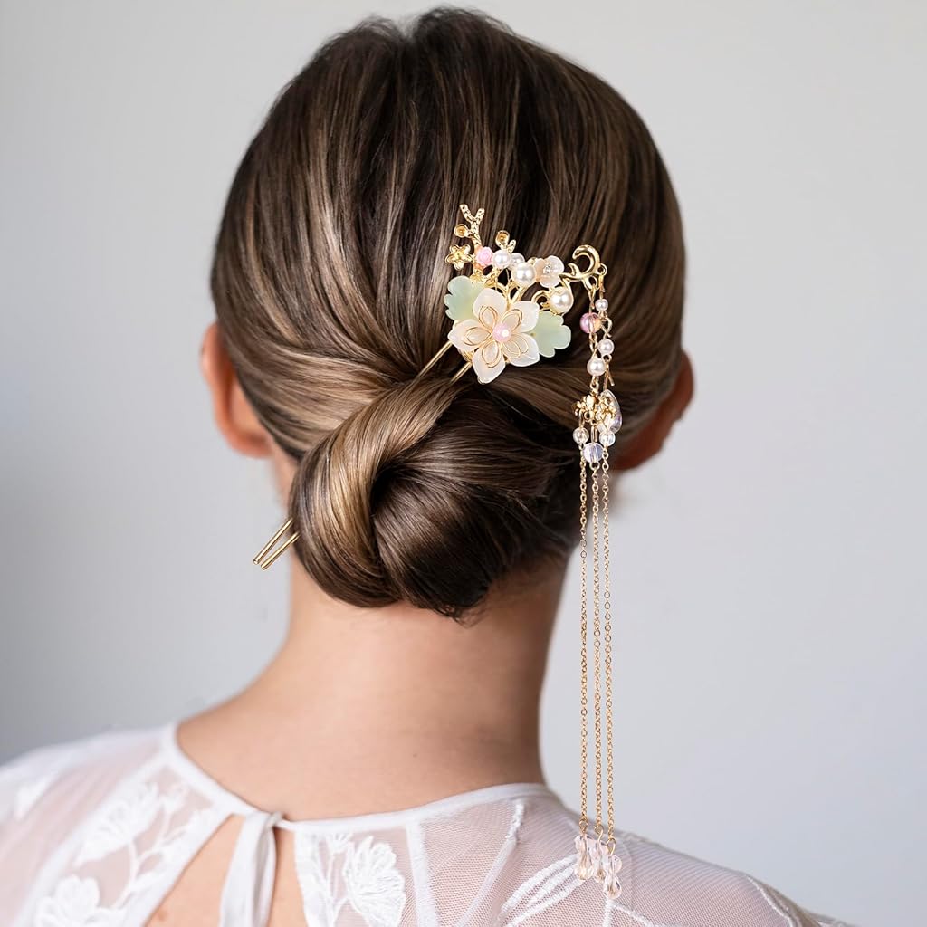 SANNIDHI® 5PCS Orchid Flower Tassels Hairpin, Crystal Rhinestone Pearl Hair Clips Retro Floral Brides Hair Accessories Jewelry for Women Girls Updo Long Hairs