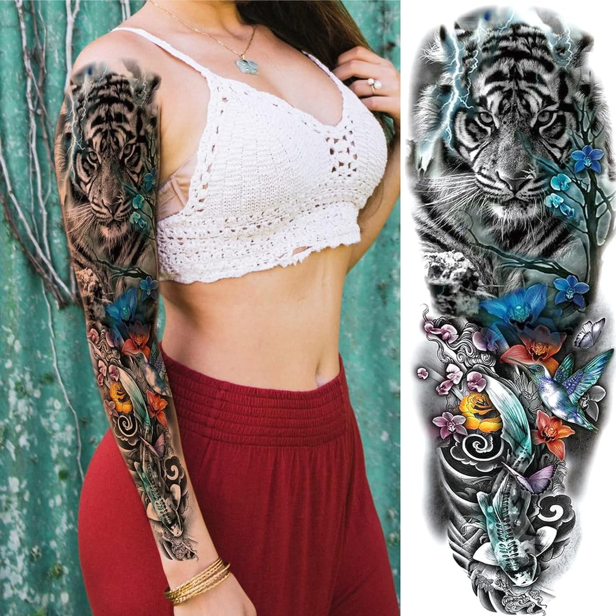 MAYCREATE Temporary Tattoo Stickers for Men and Women with 6 Sheets 48×17 cm Waterproof Designs | Ideal for Party and Club