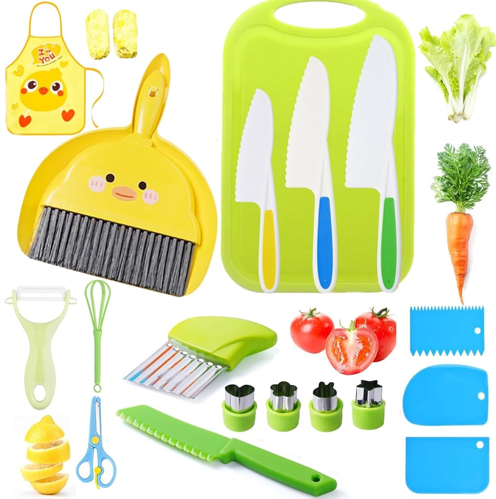HASTHIP 20Pcs Kitchen Tools for Kids Culinary Tools with Plastic Fruit Cutters, Cutting Board, Cookie Cutter Molds, Fruit Peeler, Child-friendly Culinary Tools Fine Motor Skill Educational Tool