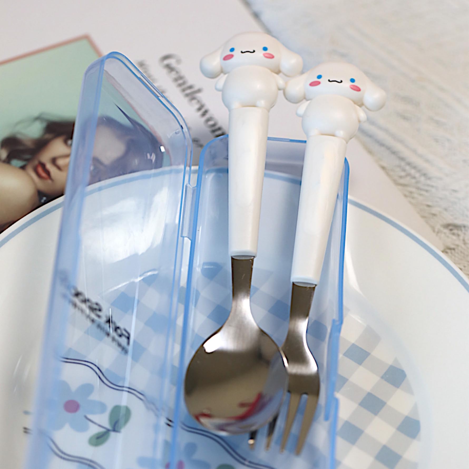 Supvox Spoon Fork Combo Set 4PCS 7.87 in with Storage Case for Kids Lunch Box | Cute Cinnamoroll Design