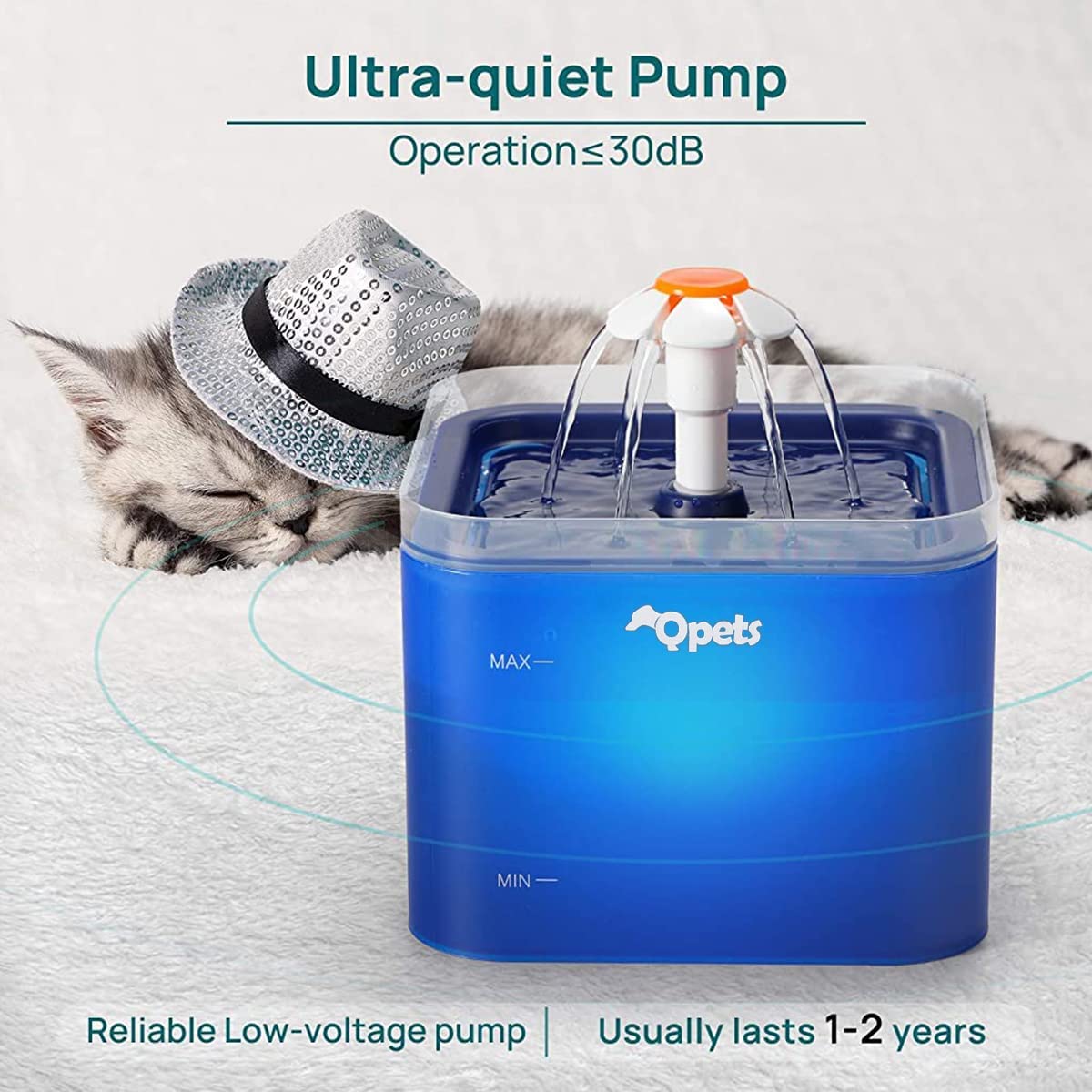 Qpets Cat Water Fountain 67oz 2.0L with LED Light featuring 3 Flow Modes and Quiet Pump