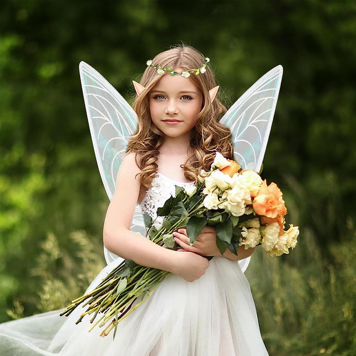 PATPAT Fairy Wings for Kids 5+ Years with Shoulder Strap 60×48 cm Organza White Set | Includes Elf Ears and Flower Garland